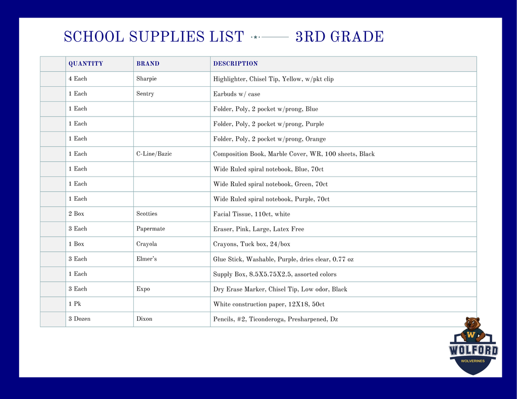 School Supply List: 3rd grade
