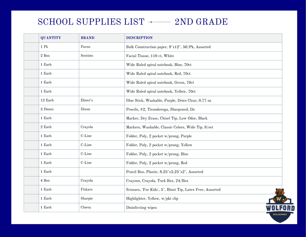 School Supply List: 2nd Grade