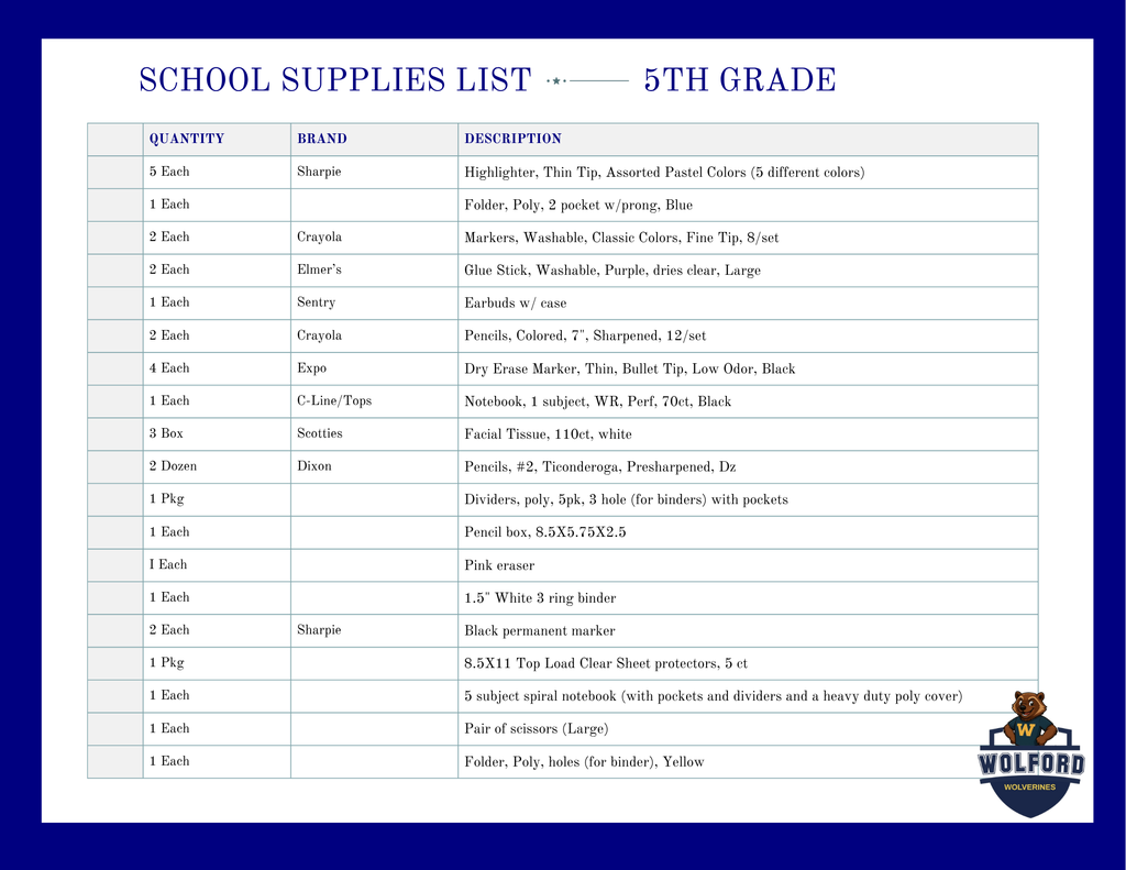 School Supply List: 5th grade