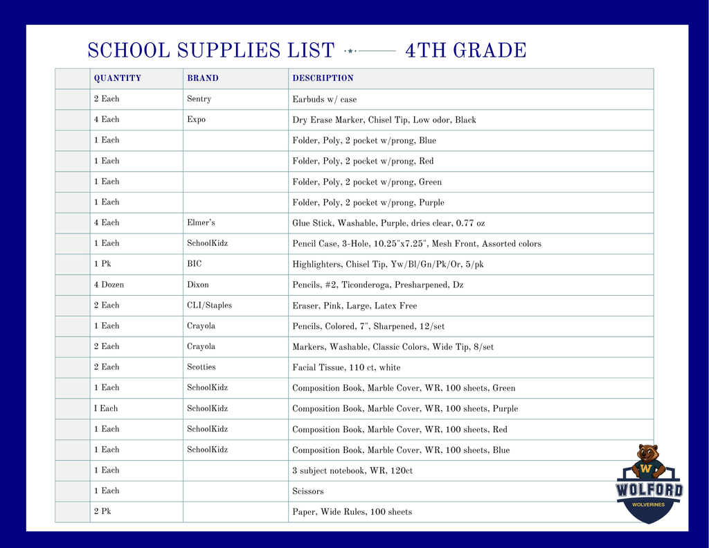 School Supply List: 4th grade