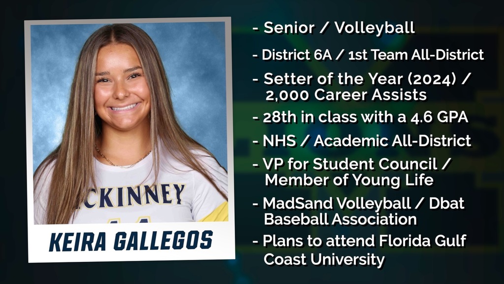 Picture of Keira Gallegos from McKinney High School, this week’s Dennis Baker State Farm Scholar Athlete of the Week .