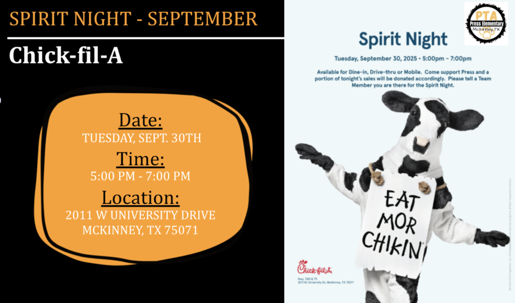 Chick-fil-A Spirit Night Tuesday, September 30th from 5:00 PM to 7:00 PM at the 2011 W. University Drive Location