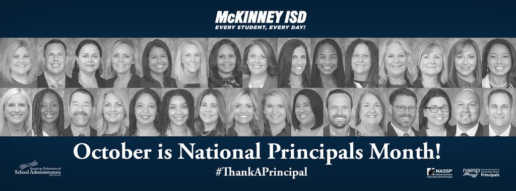 graphic that reads, "October is National Principals Month!" with #ThankAPrincipal and a portrait of each MISD principal