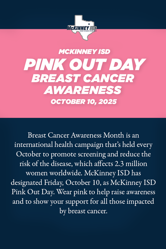graphic that reads, "McKinney ISD Pink Out Day Breast Cancer Awareness October 10, 2025" and has the text from the post on it