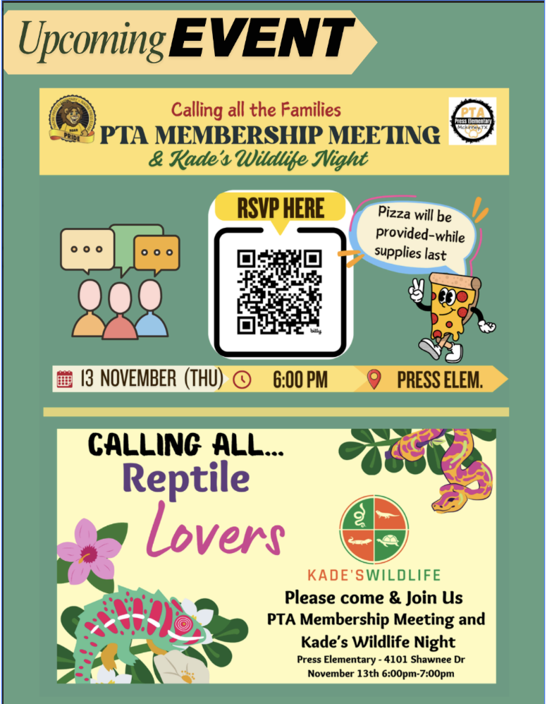 PTA Membership Meeting and Kade's Wildlife Night Thursday, November 13th