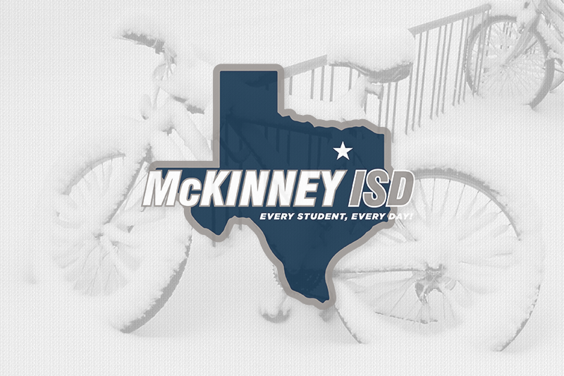 MISD logo in blue on black and white photo of bicycles covered with snow