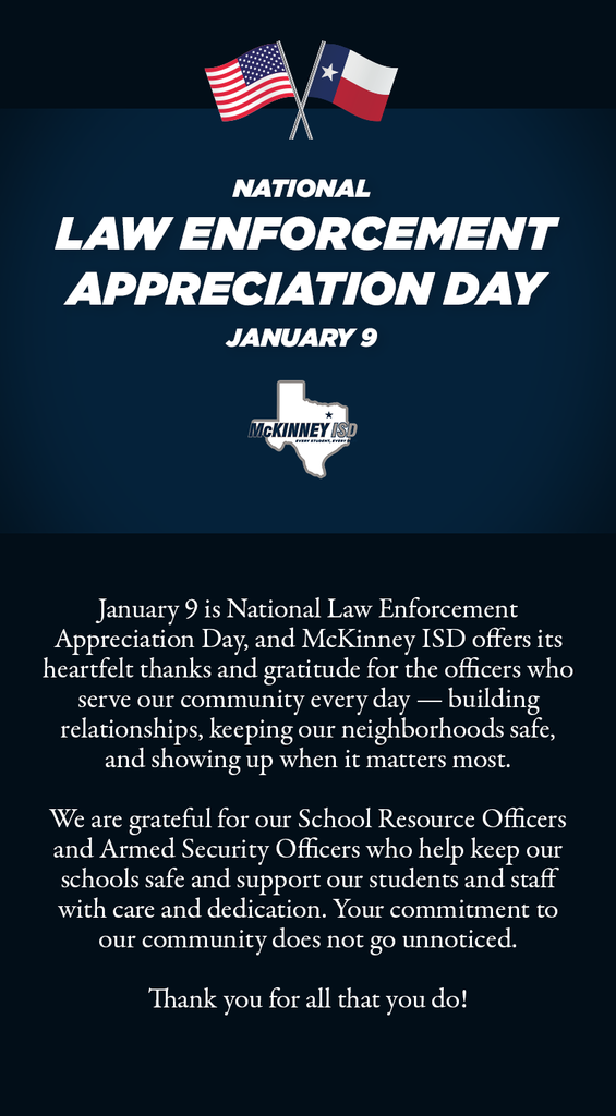 graphic with Texas and American flags that reads "National Law Enforcement Appreciation Day, January 9" and repeats the text in the post
