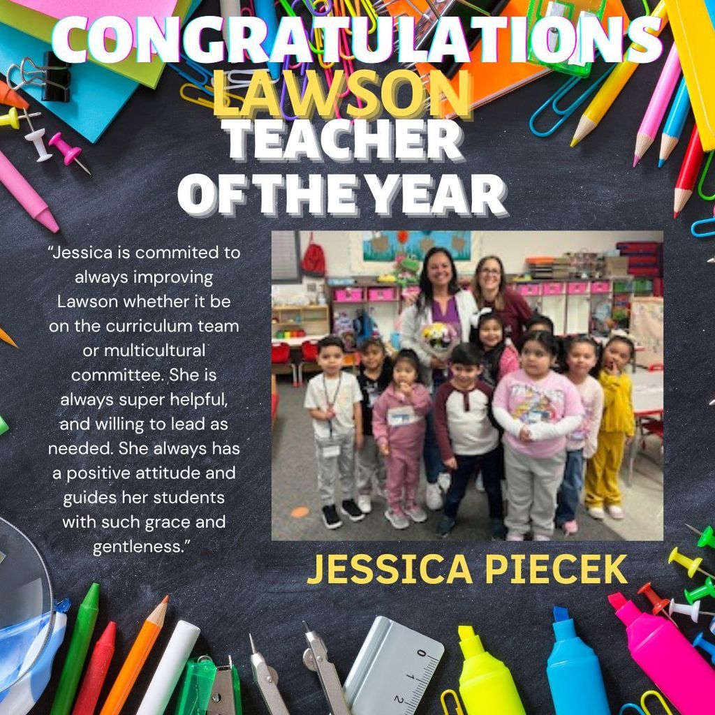 Photo of Jessica Piecek and students for Teacher of the Year