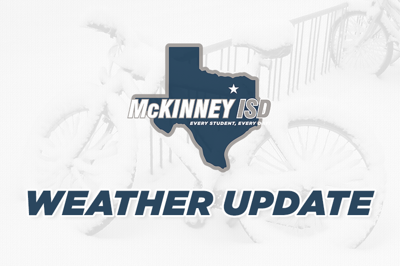 MISD logo and "weather update" on white background with image of snow covered bicycles