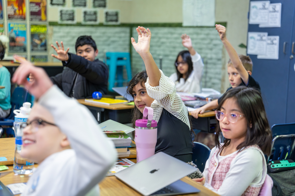 students in class raising their hands to ask questions