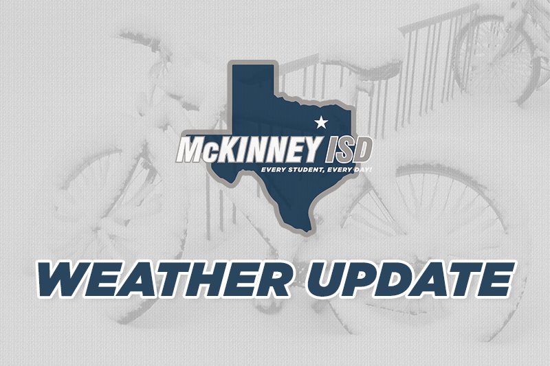 MISD logo and text Weather Update on gray background with snow covered bicycles