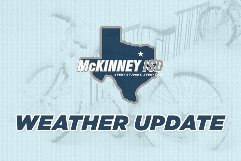 graphic with Weather Update text and MISD logo on wintergreen background with snow covered bicycles