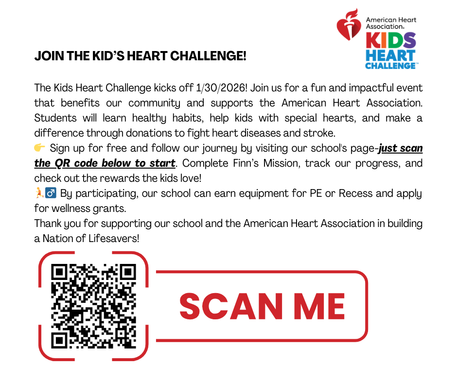 Flyer for the Kids Heart Challenge at Wilmeth Elementary School. The text announces the kickoff date of January 30, 2026, explains that the event supports the American Heart Association, and encourages families to scan a QR code to sign up. The flyer includes the American Heart Association Kids Heart Challenge logo, a large QR code at the bottom, and the words “Scan Me” in red next to the QR code.