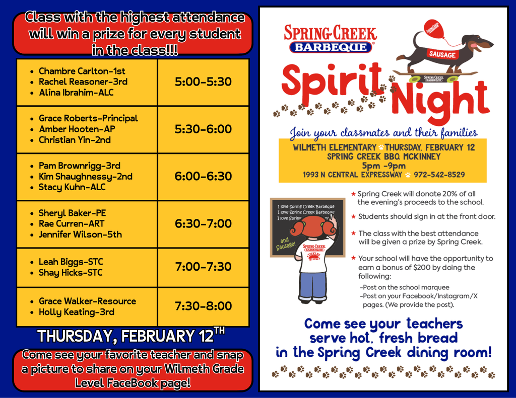 Spring Creek Spirit Night Thursday, Febryary 12th from 5:00-9:00. Come see your teachers serving hot, fresh bread in the Spring Creek dining room!