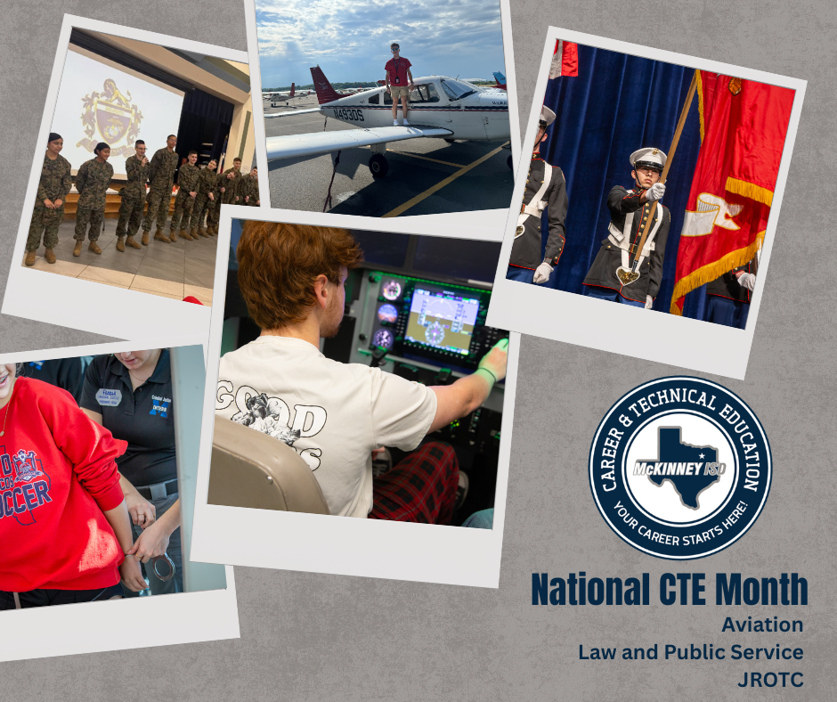 collage of photos on a graphic labeled National CTE Month Aviation, Law and Public Service, JROTC