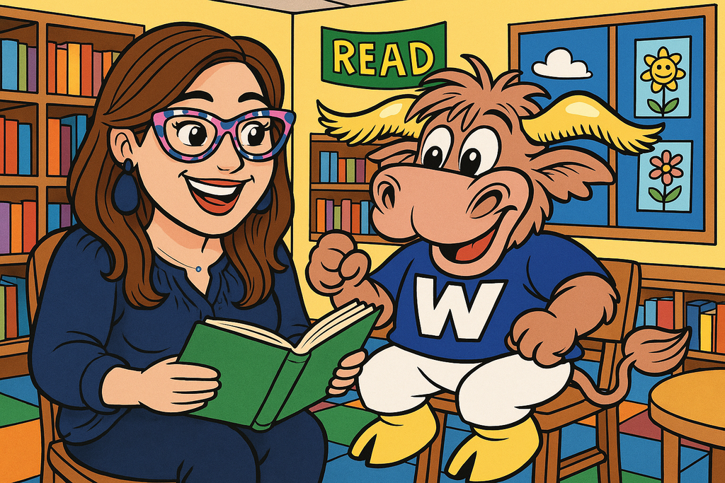 Decorative cartoon image of Lucky the Longhorn and Mrs. Kendrick reading in the library.