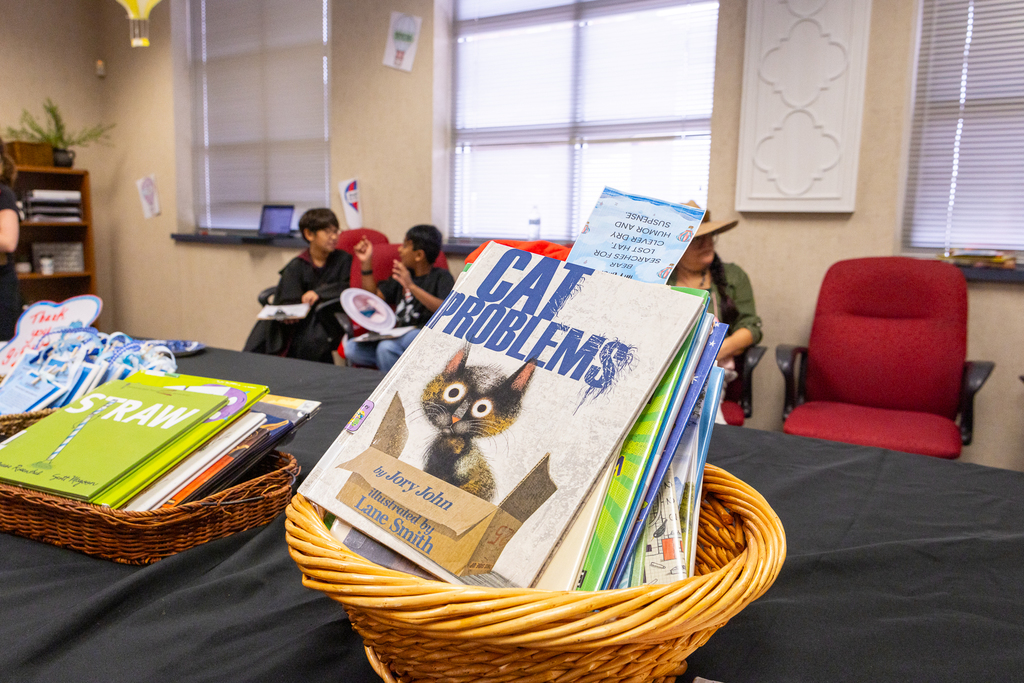 basket of books for guest readers to choose from 