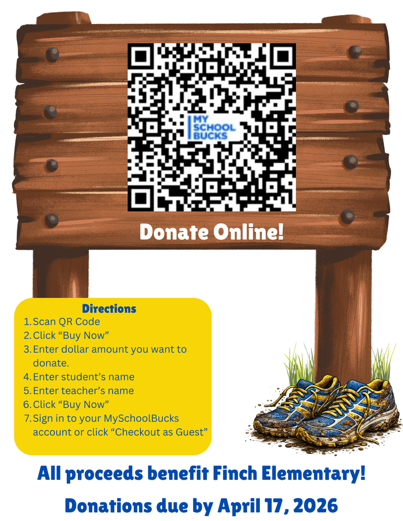 Graphic promoting the Finch Elementary Falcon Adventure Run with text explaining that donations can now be made online through MySchoolBucks.