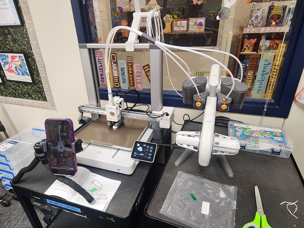 Bambulab A1 3D printer set up in the library.