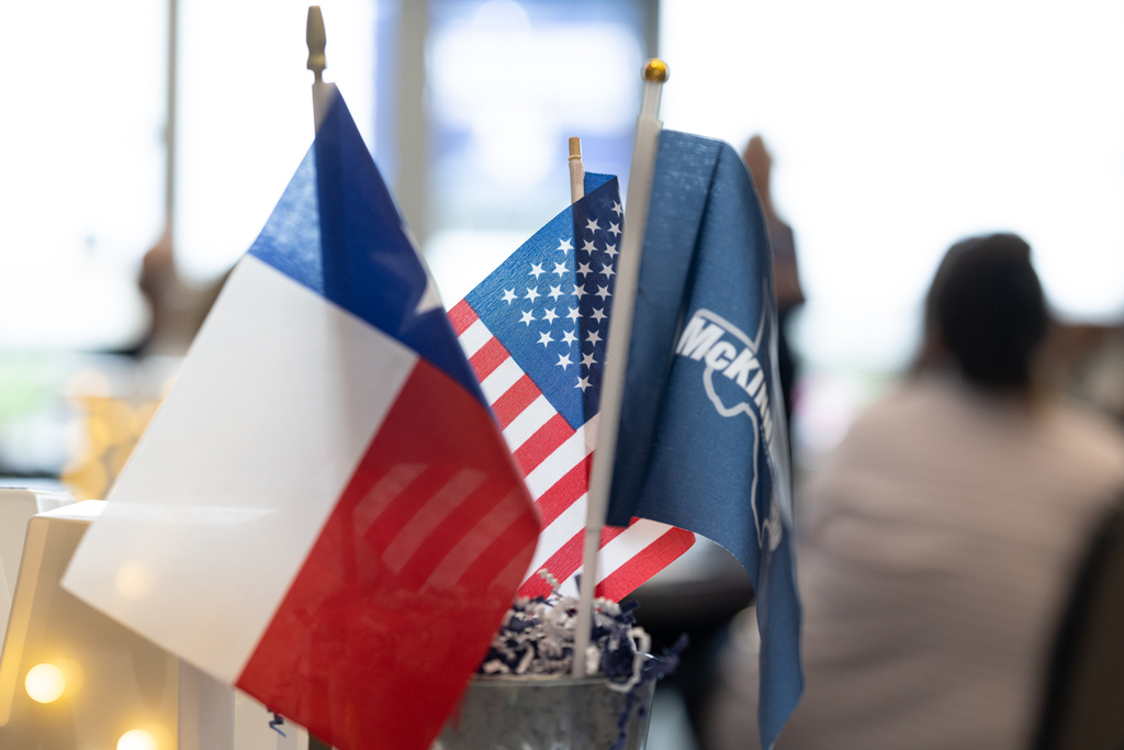 small U.S., Texas and McKinney ISD flags on table