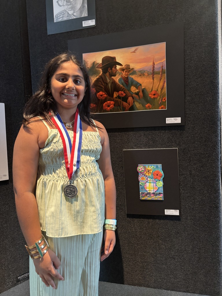 Zoey Patel, Wilmeth Artist with her floral artwork at TAEA Youth Art Month ceremony