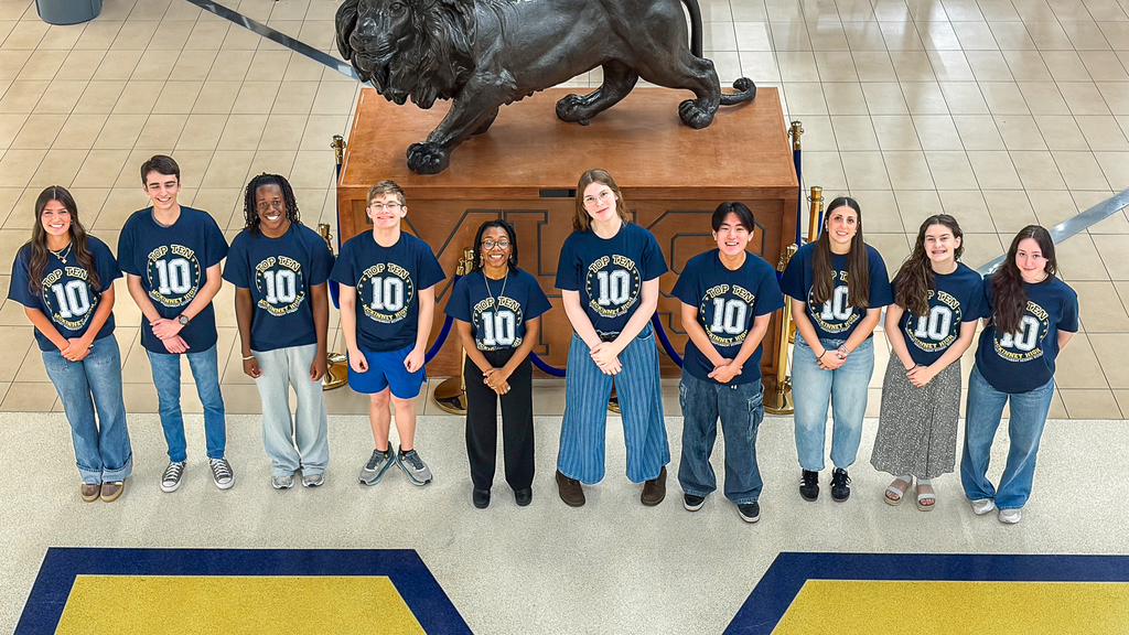 overhead view of top 10 students in a line in front of lion statue