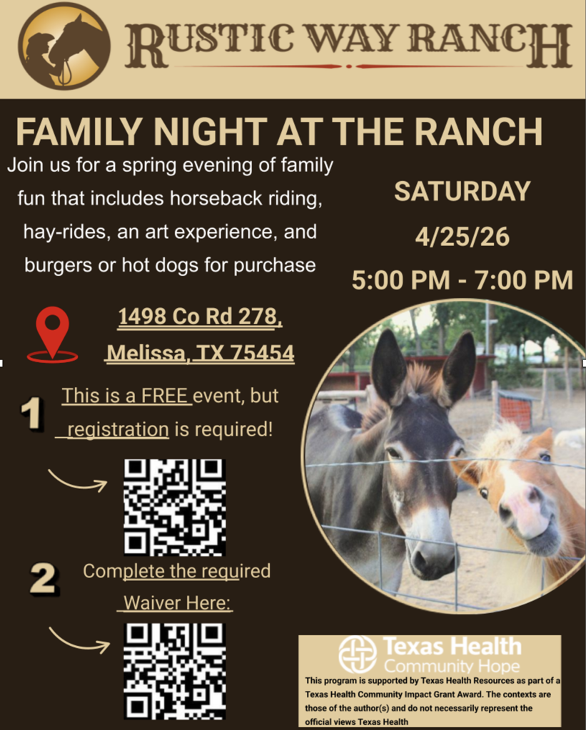 Family Night at the Ranch SATURDAY 4/25/26  5:00 PM - 7:00 PM Join us for a spring evening of family fun that includes horseback riding, hay-rides, an art experience, and burgers or hot dogs for purchase This is a FREE event, but registration is required.