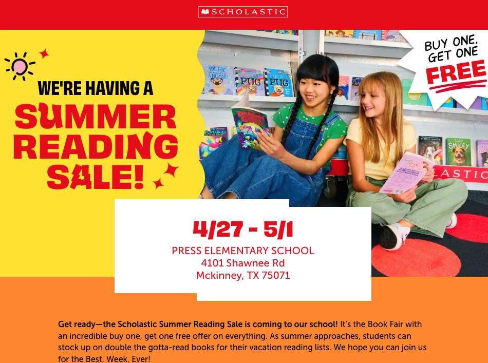 Press Elementary Buy One, Get One Free Book Fair is April 27th through May 1st