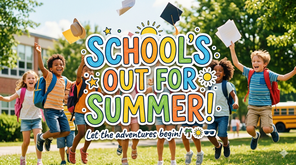 School's out for summer. Let the adventures begin! (Image of students jumping in front of a school)