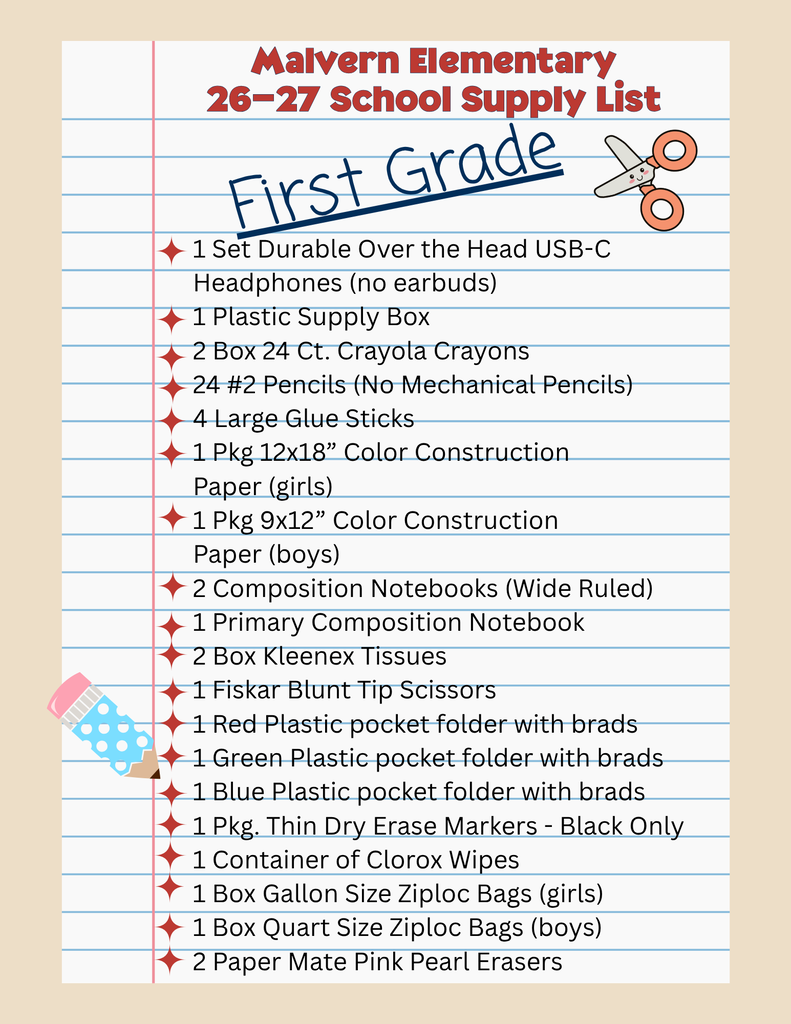 Graphic of 1st grade school supply list 26-27