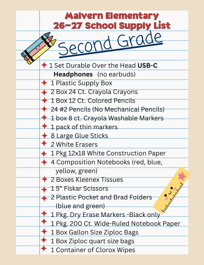 Graphic of 2nd grade school supply list 26-27