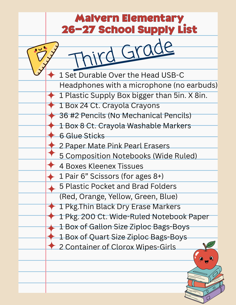 Graphic of 3rd grade school supply list 26-27