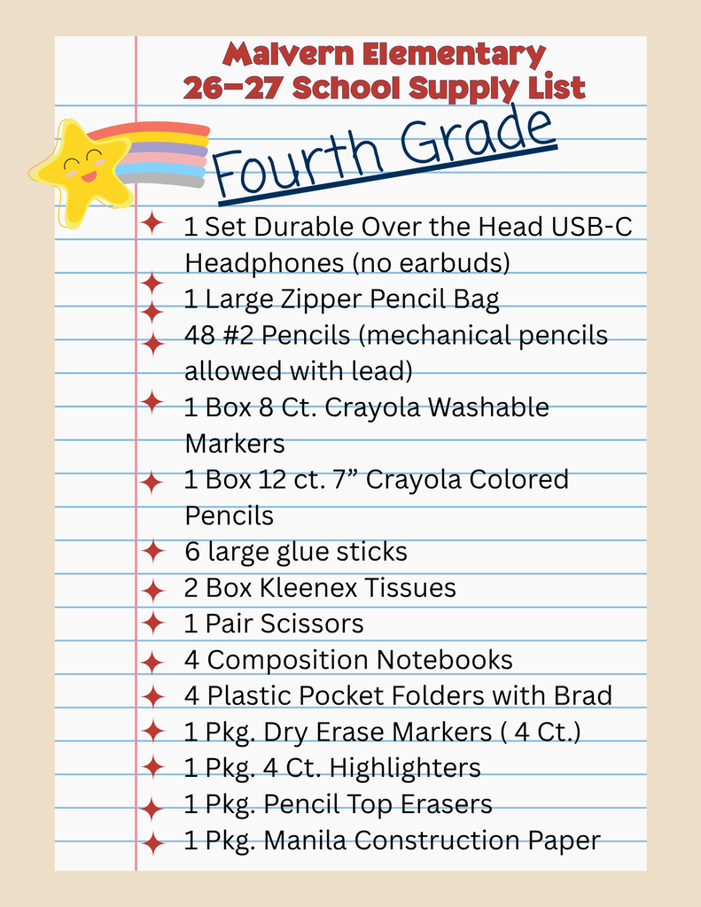Graphic of 4th grade school supplies 26-27
