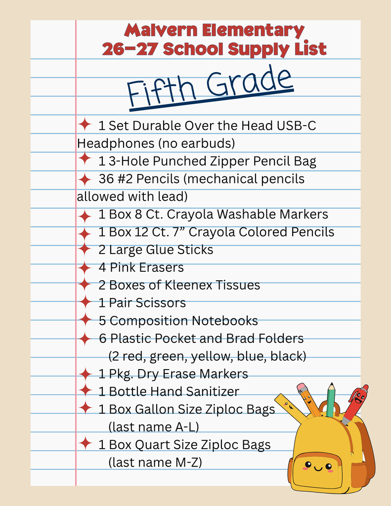 Graphic of 5th grade school supply list for 26-27