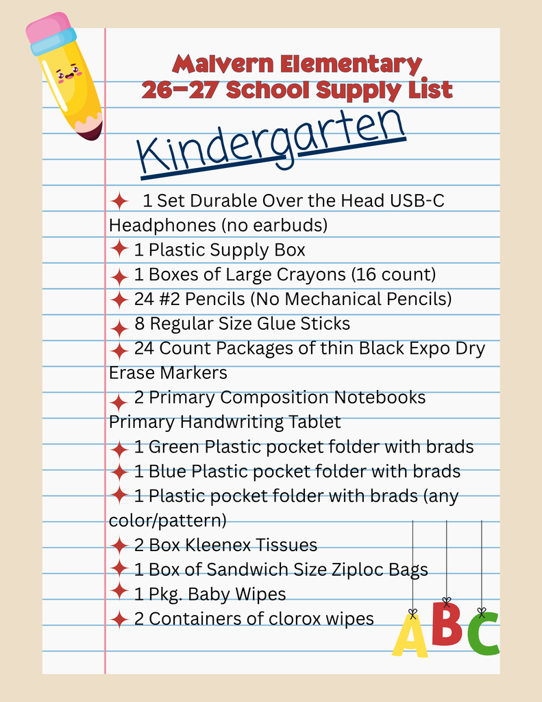 Graphic of Kindergarten school supply list for 26-27