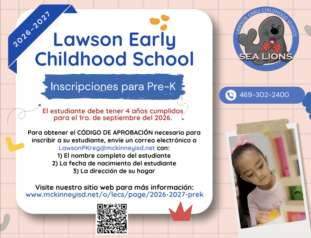 Volante de inscripción para Pre-Kínder 2026–2027 de Lawson Early Childhood School con información sobre elegibilidad, contacto y registro para estudiantes de 4 años.