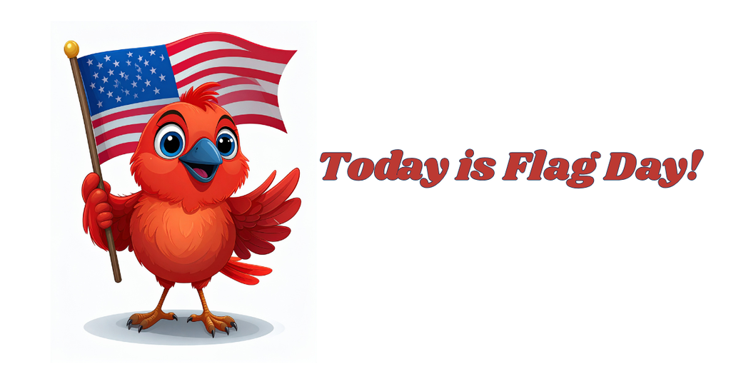 Graphic of Rocky the Red Hawk holding an American Flag. Today is Flag Day!
