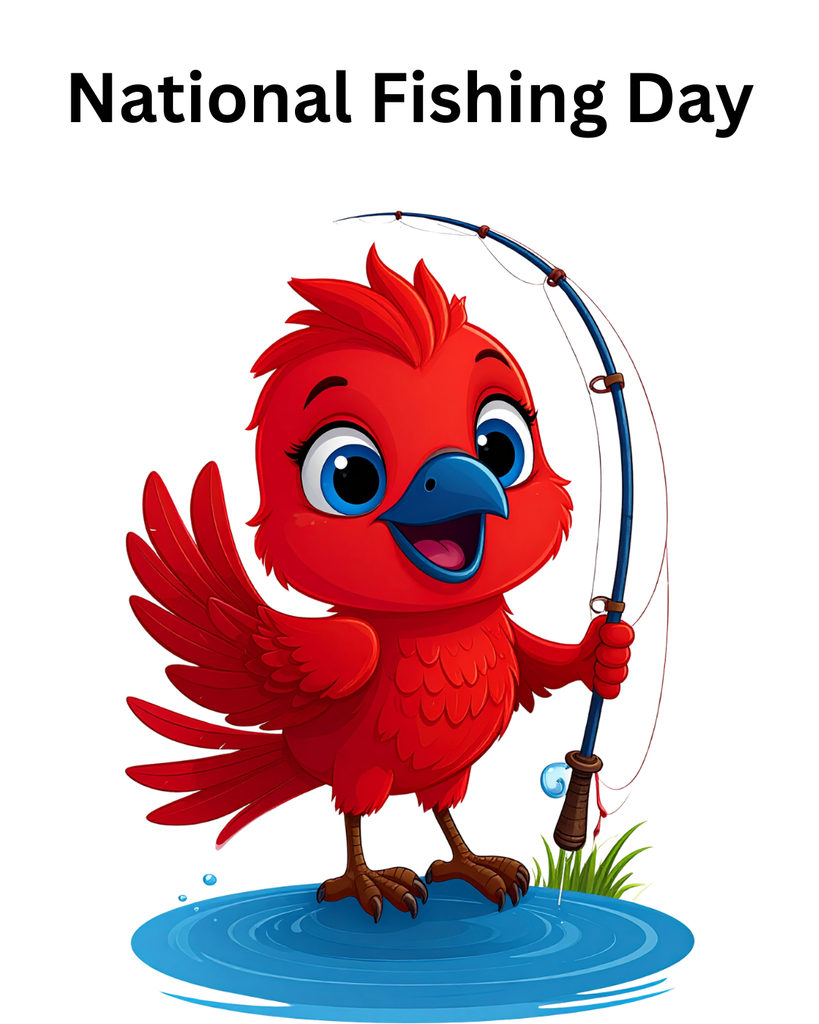 Graphic of Rocky the Red Hawk holding a fishing pole. National Fishing Day!