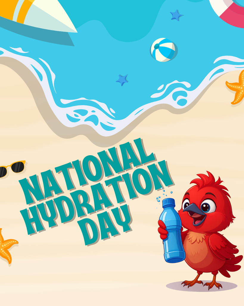 Graphic of Rocky the Red Hawk holding a water bottle on a beach. National Hydration Day