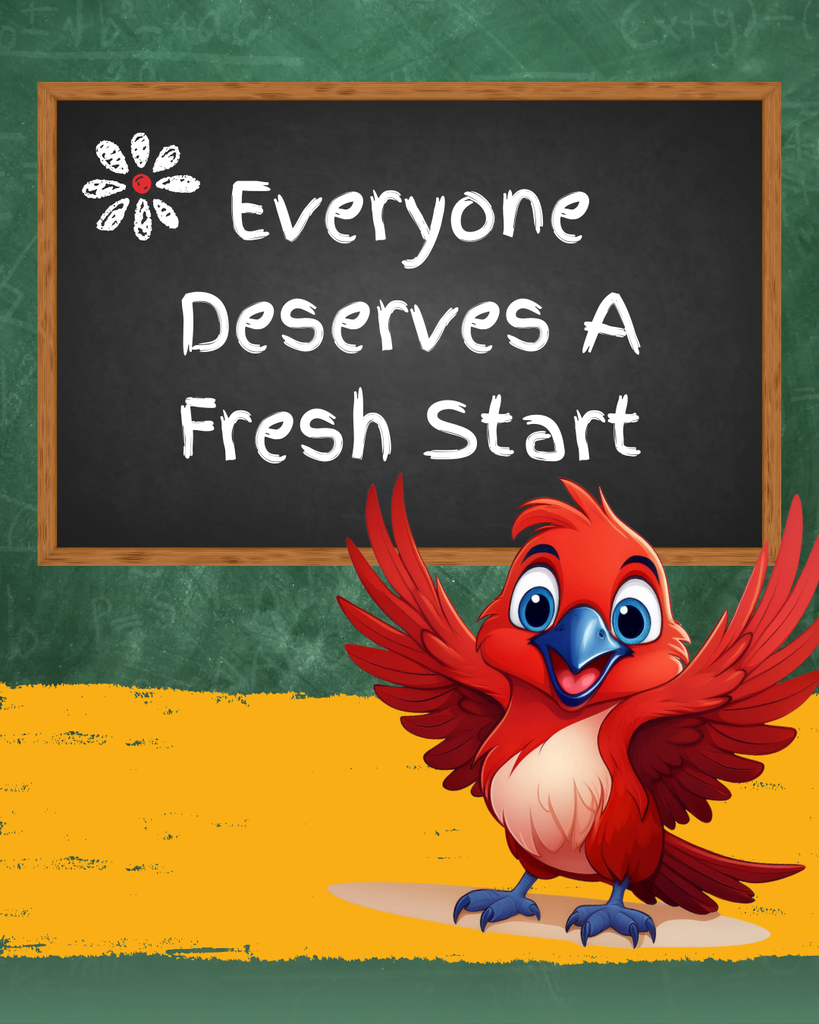 Graphic of Rocky the Red Hawk in front of chalkboard saying Everyone Deserves a Fresh Start
