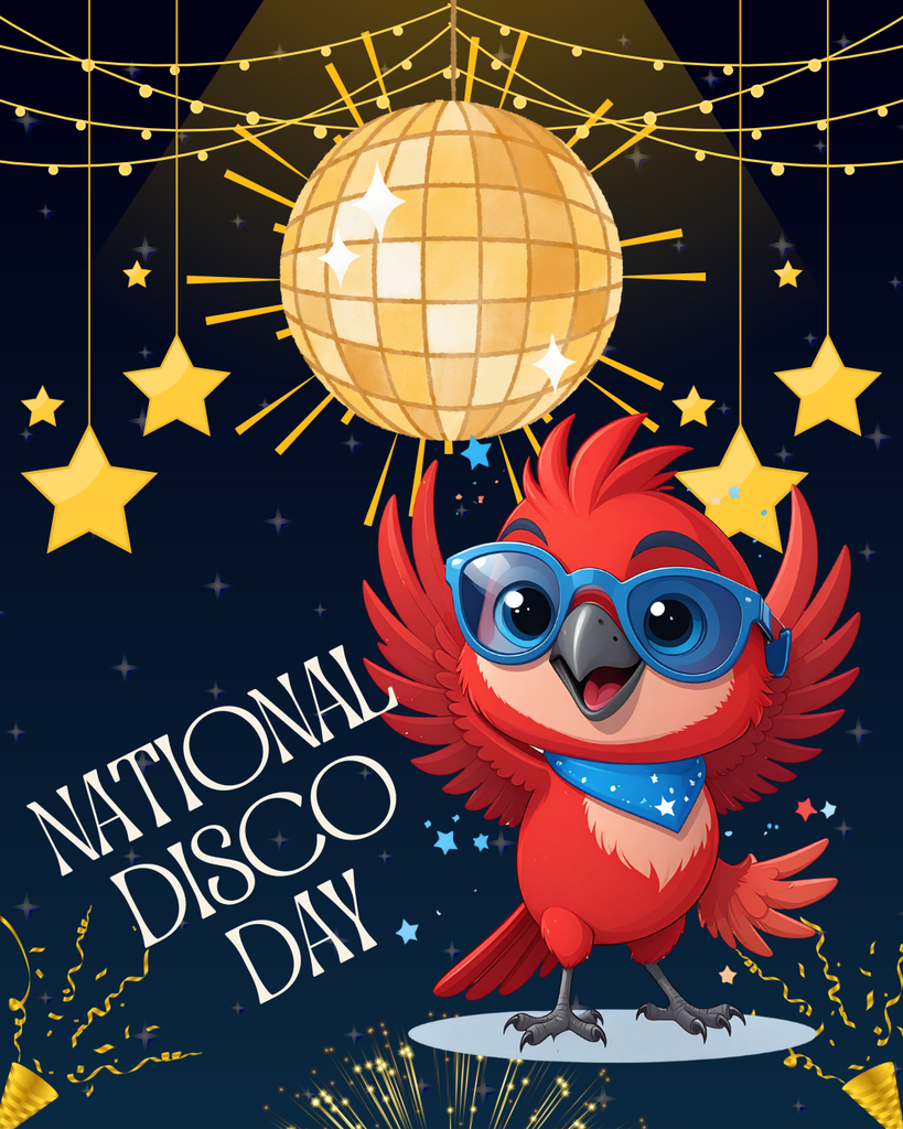 Graphic of Rocky the Red Hawk dressed in disco attire. National Disco Day