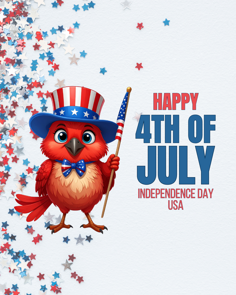 Graphic of Rocky the Red Hawk. Happy 4th of July Independence Day USA