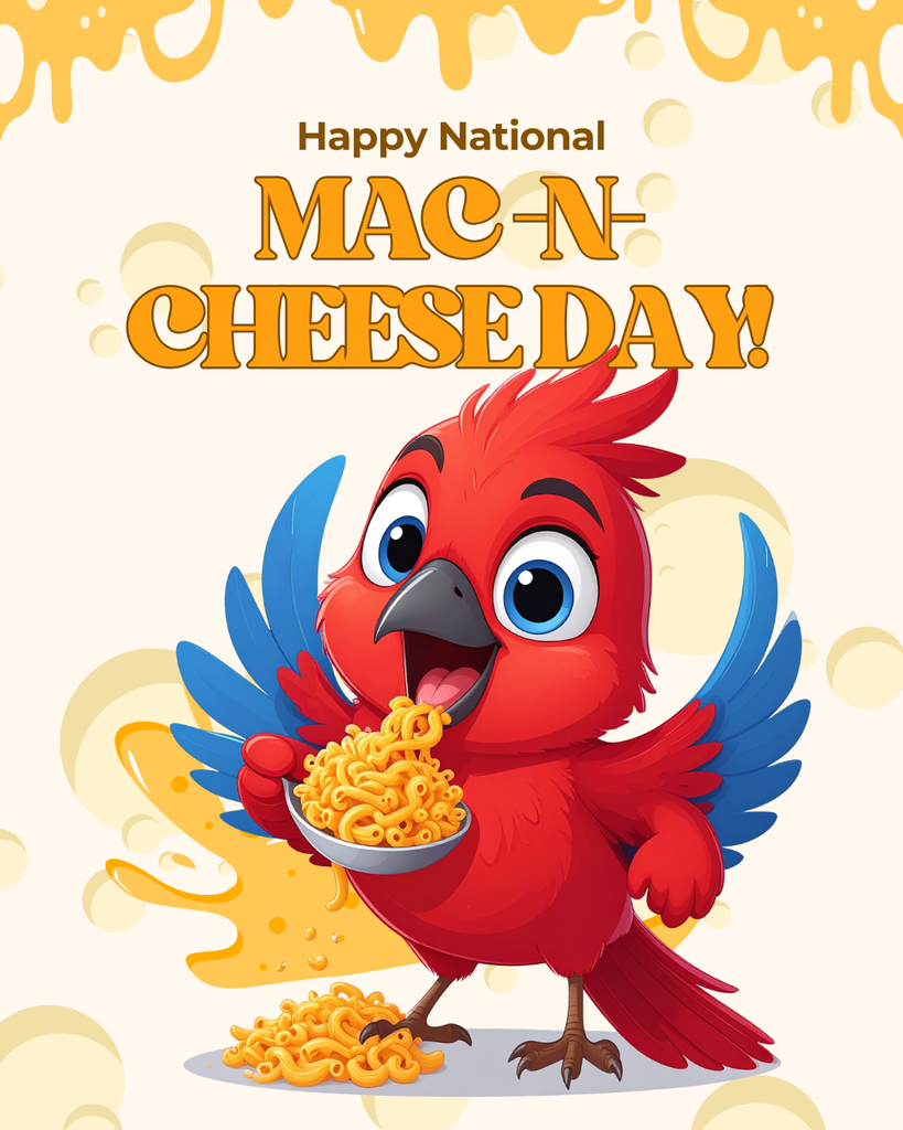 Rocky the Red Hawk graphic eating macaroni and cheese. Happy Mac -N-Cheese Day!