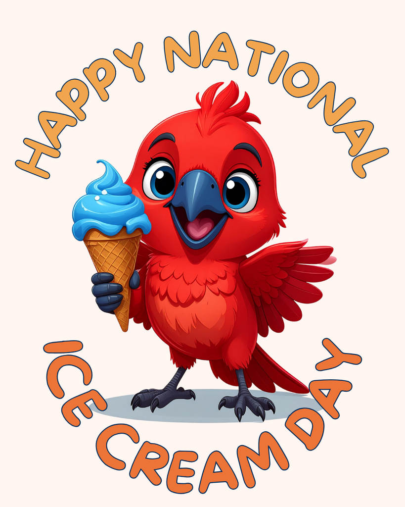 Rocky the Red Hawk holding an ice cream cone.  Happy national Ice Cream Day!