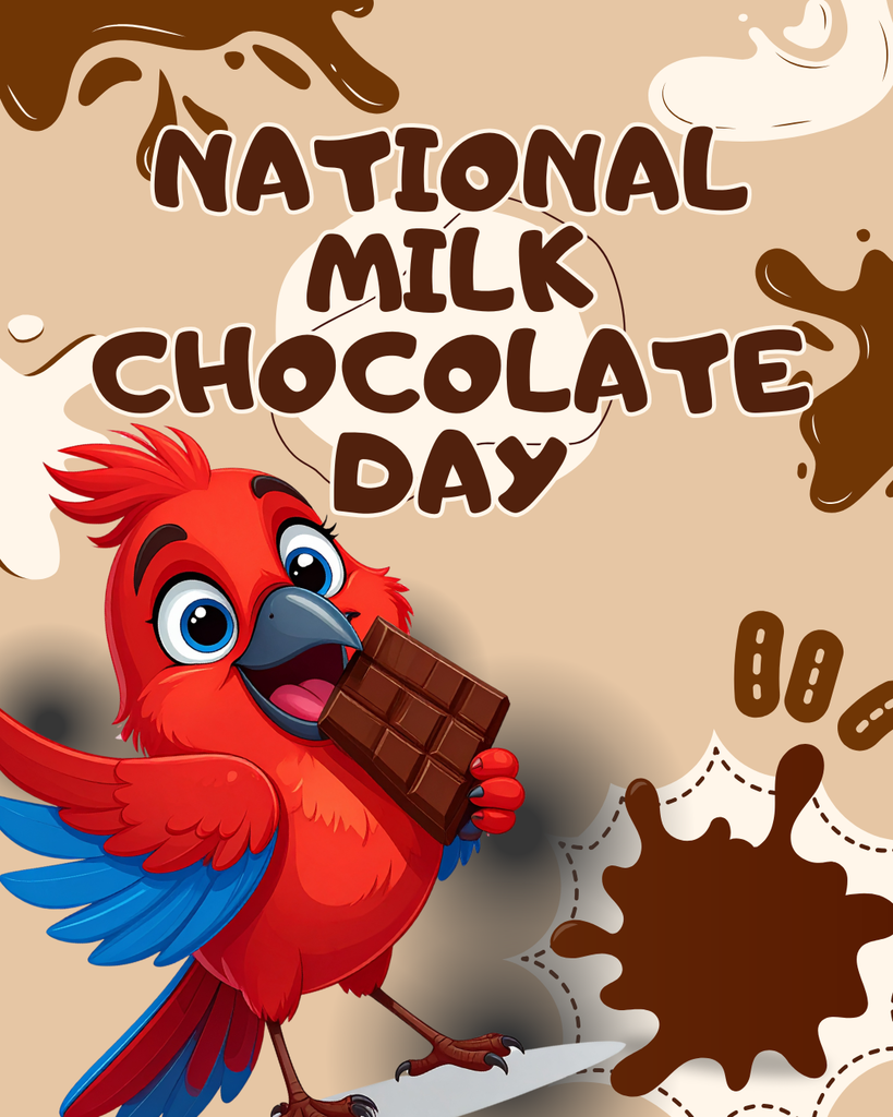 Graphic of Rocky the Red Hawk eating chocolate.  National Milk Chocolate Day