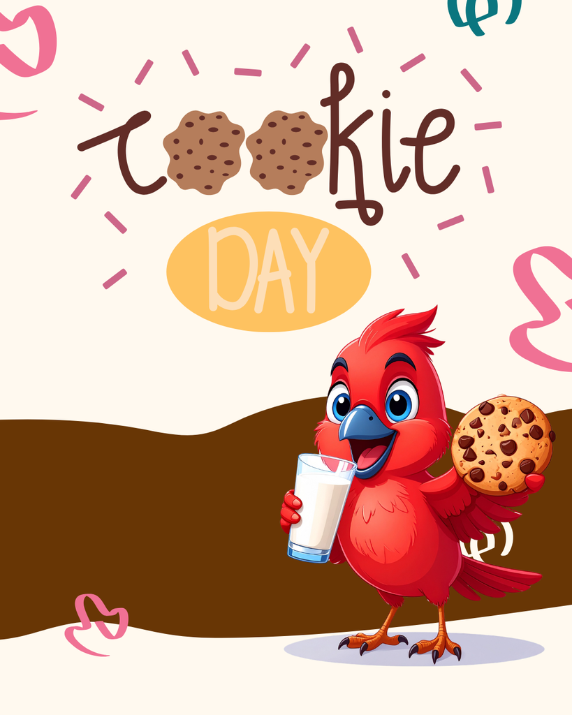 Graphic of Rocky the Red Hawk holding a chocolate chip cookie and glass of milk. Cookie Day.