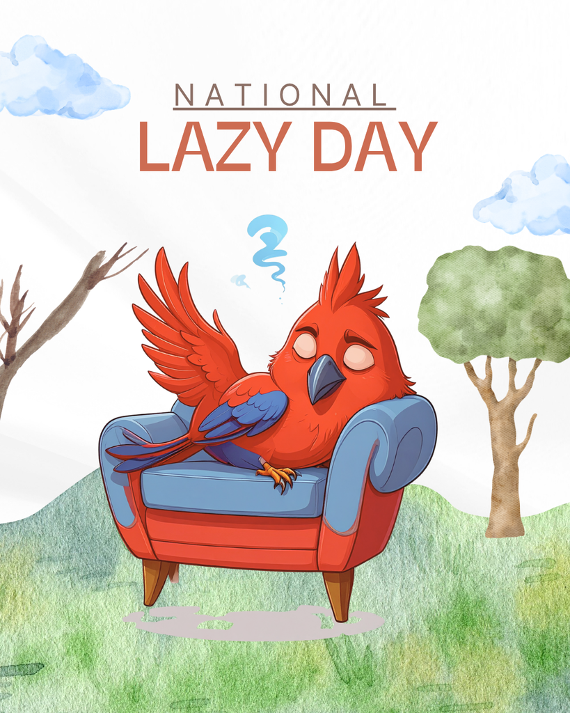 Rocky the Red Hawk sleeping in a chair outside. National Lazy Day