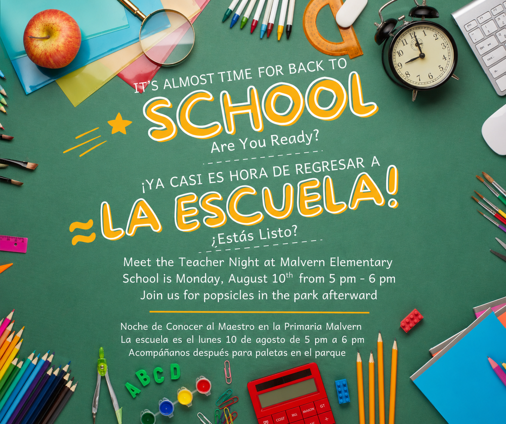 Image for Meet the Teacher Night - We are excited for the 26-27 school year at Malvern Elementary! Join us Monday, August 10th from 5p-6p for our Meet the Teacher night. We hope you will stay after and enjoy popsicles in the park with other Red Hawk families immediately following Meet the Teacher. ¡Estamos muy entusiasmados por el año escolar 2026-2027 en la Escuela Primaria Malvern! Acompáñenos el lunes 10 de agosto, de 5:00 p. m. a 6:00 p. m., a nuestra noche de presentación de maestros ("Meet the Teacher"). Esperamos que se queden después del evento para disfrutar de helados en el parque junto a otras familias de los Red Hawks.