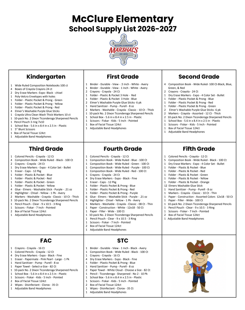 McClure Elementary School Supply Lists