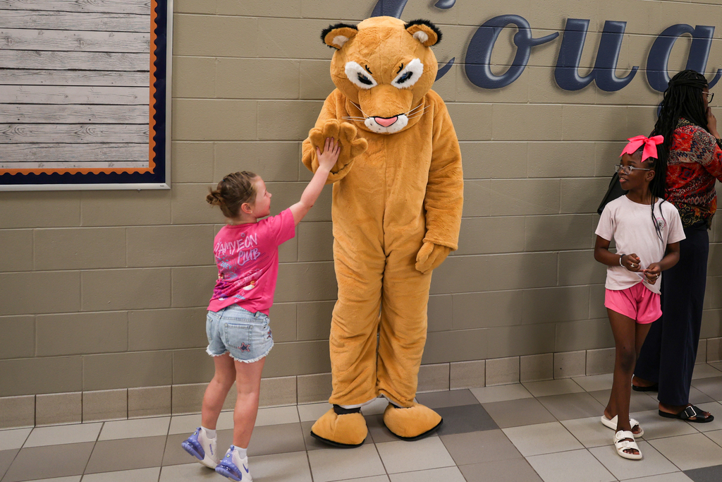 a student high fives the cougar mascot at elementary meet the teacher
